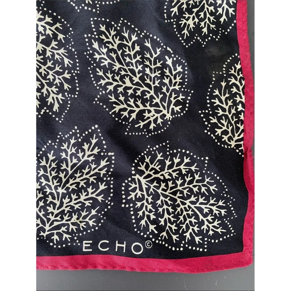 Echo Black Scarf Cream Leaf Print Burgundy Border 20” X 20” Boho Cottage Coastal